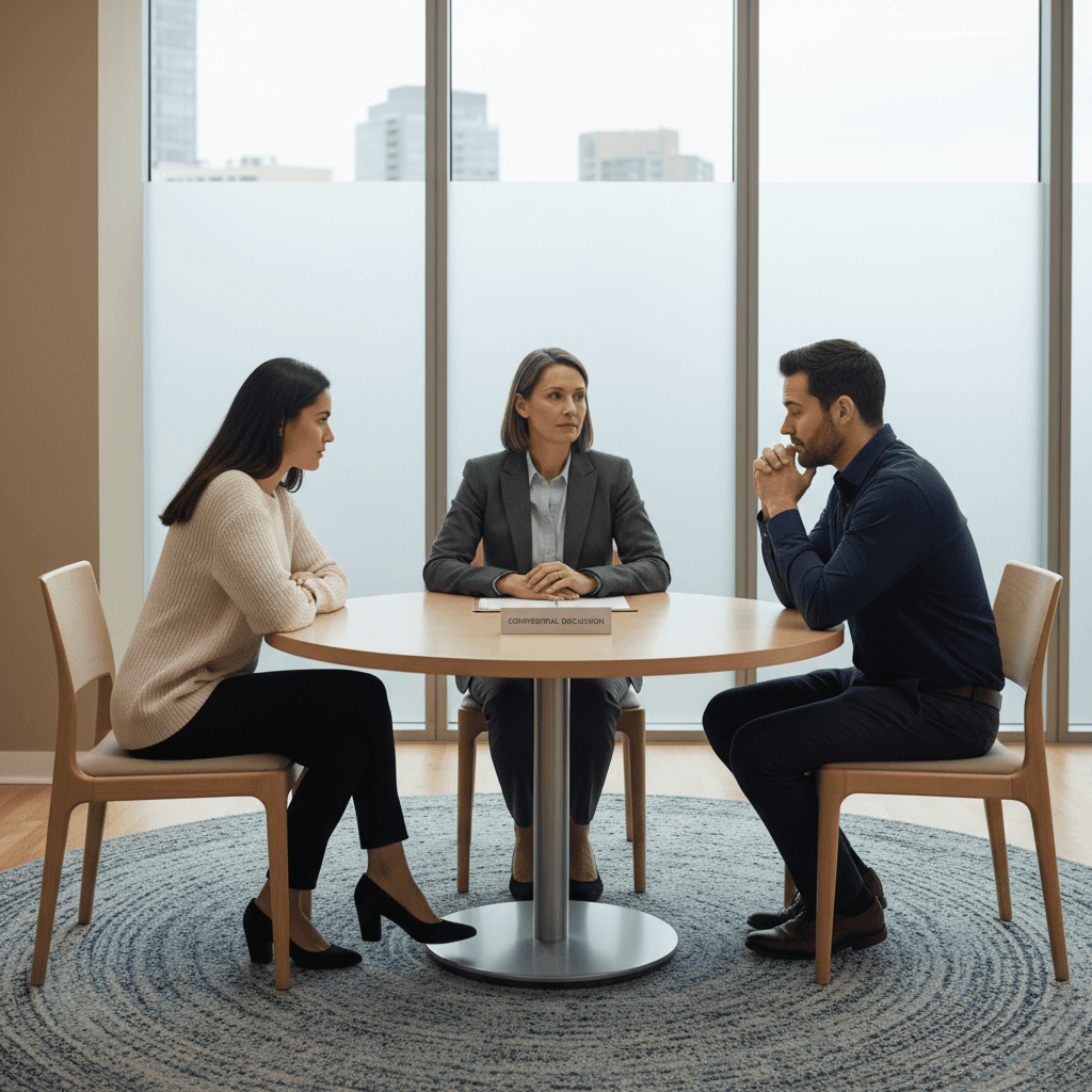 Two professionals in mediation session at conference table