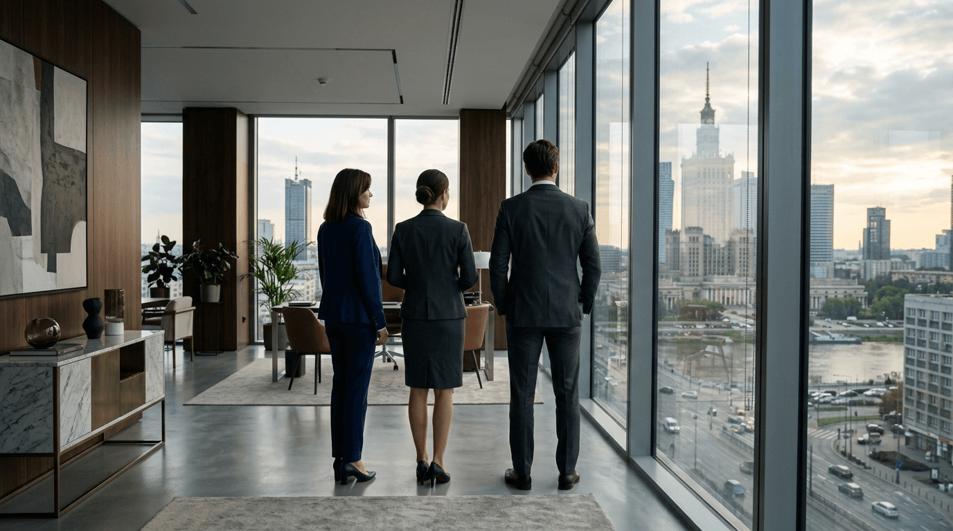 Three business professionals looking out of a modern office window at a sprawling city skyline.